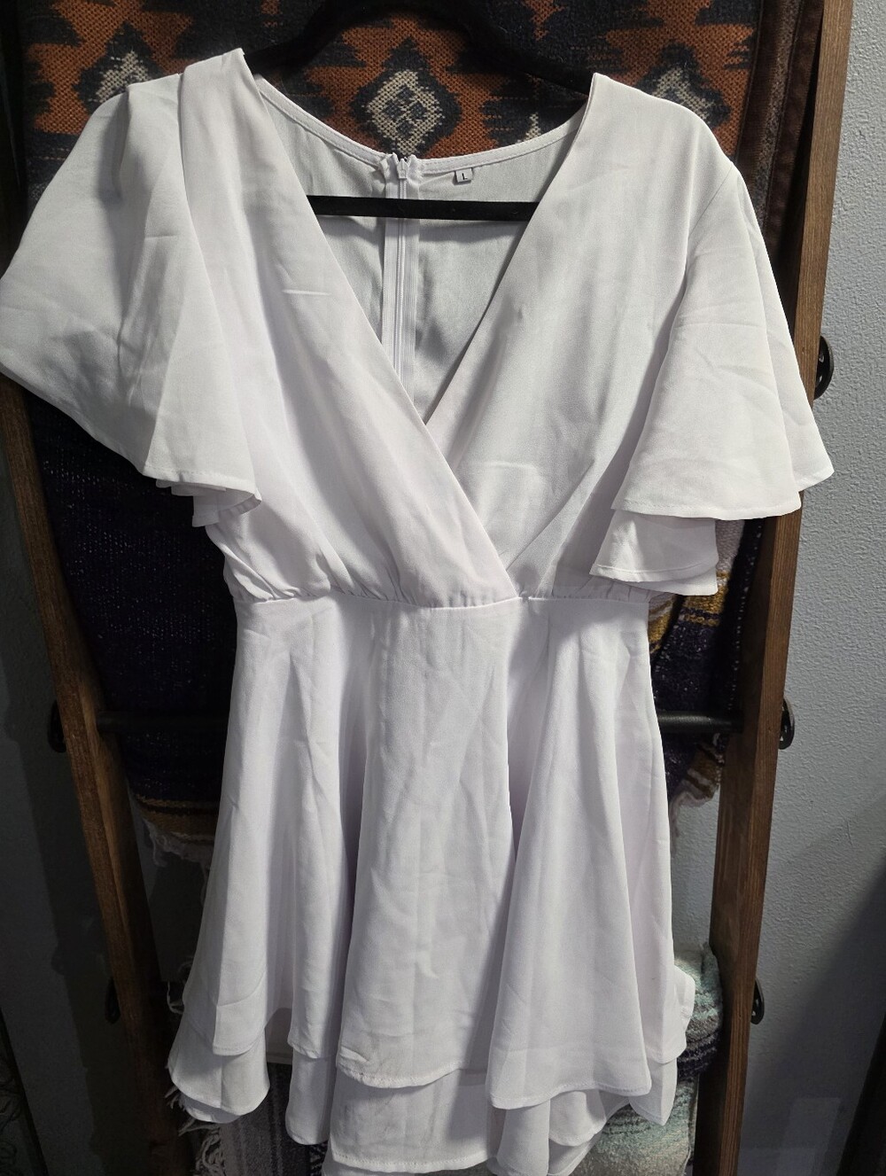 White Flutter Sleeve V-Neck Women's Dress